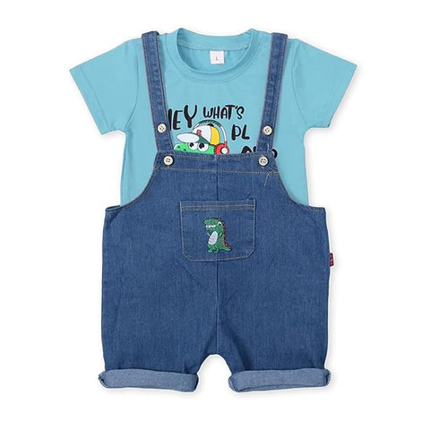 Kid's Half Sleeve Dinosaur Cartoon Print T-Shirt with Denim Dungaree Bibshorts