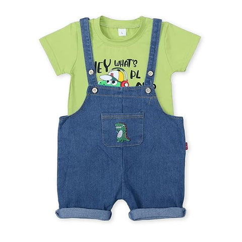 Kid's Half Sleeve Dinosaur Cartoon Print T-Shirt with Denim Dungaree Bibshorts