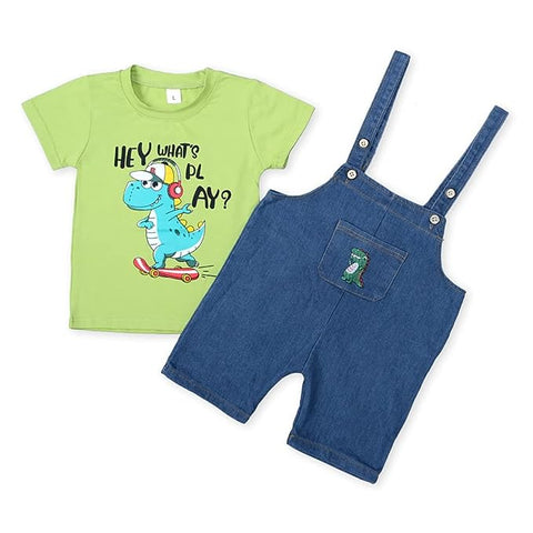Kid's Half Sleeve Dinosaur Cartoon Print T-Shirt with Denim Dungaree Bibshorts