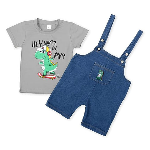 Kid's Half Sleeve Dinosaur Cartoon Print T-Shirt with Denim Dungaree Bibshorts