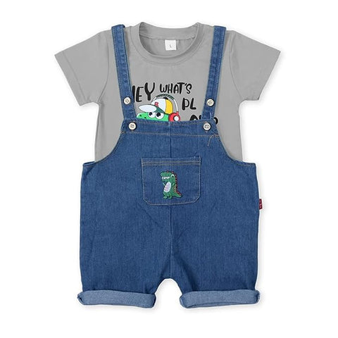 Kid's Half Sleeve Dinosaur Cartoon Print T-Shirt with Denim Dungaree Bibshorts