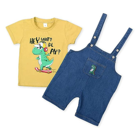 Kid's Half Sleeve Dinosaur Cartoon Print T-Shirt with Denim Dungaree Bibshorts