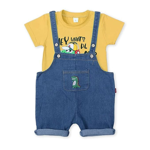 Kid's Half Sleeve Dinosaur Cartoon Print T-Shirt with Denim Dungaree Bibshorts