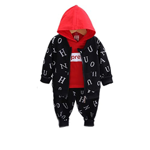 Kid's Text Print Full Sleeve Zipper Jacket with Hoodie T-shirt & Jogger Pant 3 Piece Winter Clothing Set for Lil Boys and Girls
