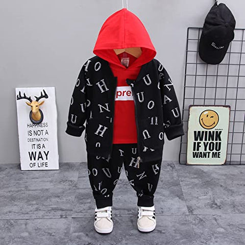 Kid's Text Print Full Sleeve Zipper Jacket with Hoodie T-shirt & Jogger Pant 3 Piece Winter Clothing Set for Lil Boys and Girls