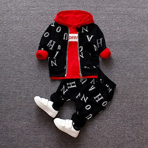 Kid's Text Print Full Sleeve Zipper Jacket with Hoodie T-shirt & Jogger Pant 3 Piece Winter Clothing Set for Lil Boys and Girls