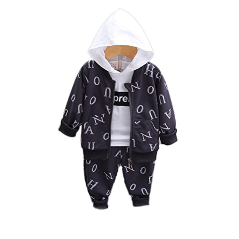 Kid's Text Print Full Sleeve Zipper Jacket with Hoodie T-shirt & Jogger Pant 3 Piece Winter Clothing Set for Lil Boys and Girls