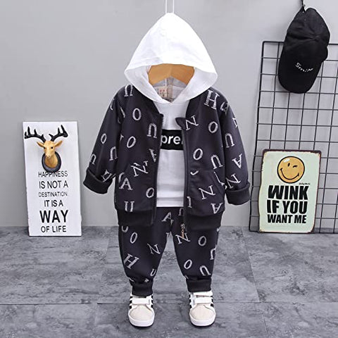 Kid's Text Print Full Sleeve Zipper Jacket with Hoodie T-shirt & Jogger Pant 3 Piece Winter Clothing Set for Lil Boys and Girls