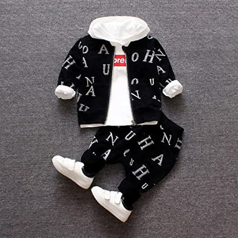 Kid's Text Print Full Sleeve Zipper Jacket with Hoodie T-shirt & Jogger Pant 3 Piece Winter Clothing Set for Lil Boys and Girls