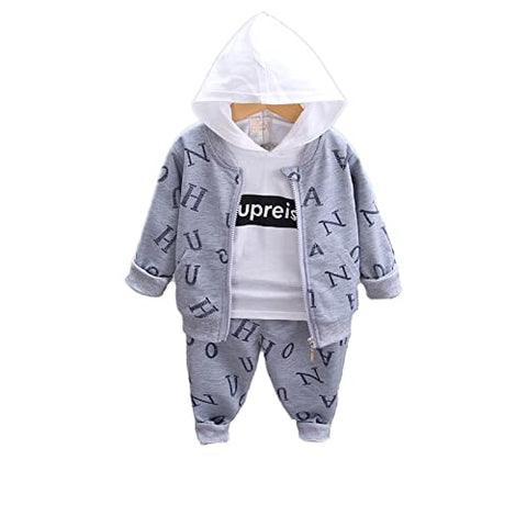 Kid's Text Print Full Sleeve Zipper Jacket with Hoodie T-shirt & Jogger Pant 3 Piece Winter Clothing Set for Lil Boys and Girls