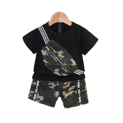 Half Sleeve Army Camouflage Print Pocket Pouch Attached T-shirt and Shorts Set for Infant Toddler Kids