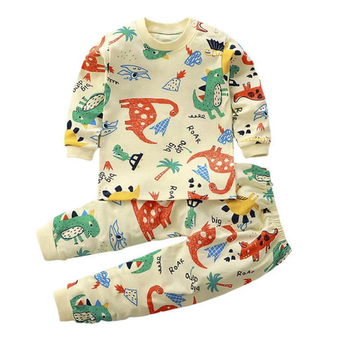 Full Sleeve Cotton Cartoon Dinosaur Print Tshirt & Pajama PJ Lounging Set for Infant Toddler Baby Boy Girl Kids