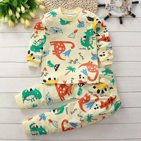 Full Sleeve Cotton Cartoon Dinosaur Print Tshirt & Pajama PJ Lounging Set for Infant Toddler Baby Boy Girl Kids