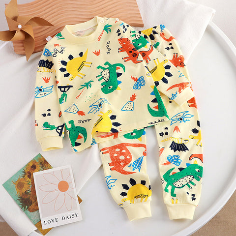 Full Sleeve Cotton Cartoon Dinosaur Print Tshirt & Pajama PJ Lounging Set for Infant Toddler Baby Boy Girl Kids