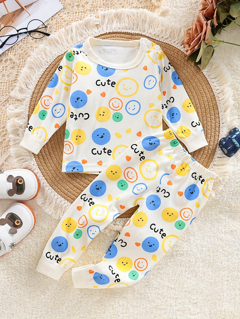 Full Sleeve Cotton Cartoon Dinosaur Print Tshirt & Pajama PJ Lounging Set for Infant Toddler Baby Boy Girl Kids