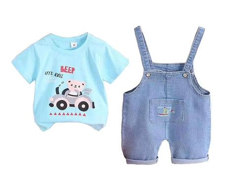Half Sleeve Kid's T-Shirt with Denim Dungaree Bibshorts for Baby Boy & Girl