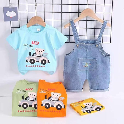 Half Sleeve Kid's T-Shirt with Denim Dungaree Bibshorts for Baby Boy & Girl