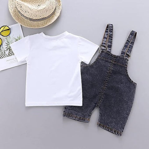 Kid's Bear Cartoon Design Half Sleeve T-Shirt & Denim Dungaree Bibshorts for Baby Boy & Girl