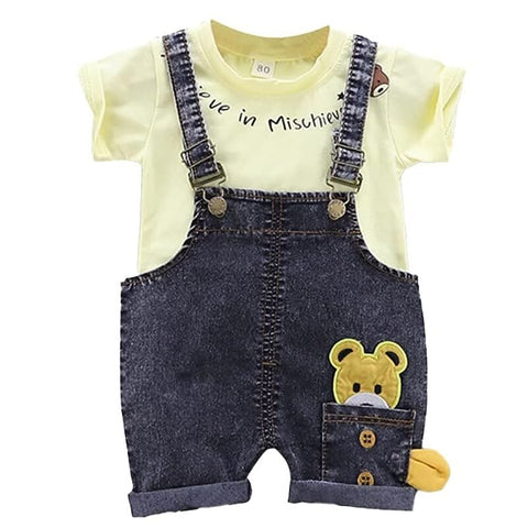 Kid's Bear Cartoon Design Half Sleeve T-Shirt & Denim Dungaree Bibshorts for Baby Boy & Girl