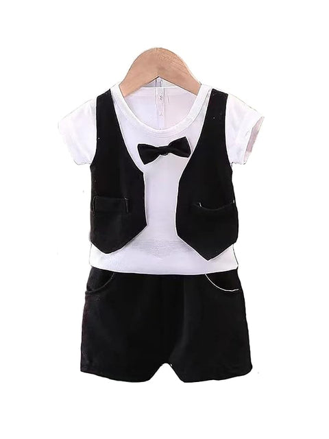 Graph Check T-shirt with Attached Waistcoat Bow tie and Shorts Little Gentleman Clothing Set for Boys