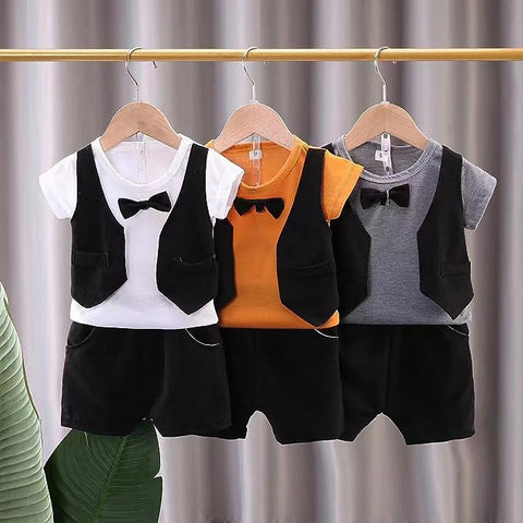 Graph Check T-shirt with Attached Waistcoat Bow tie and Shorts Little Gentleman Clothing Set for Boys