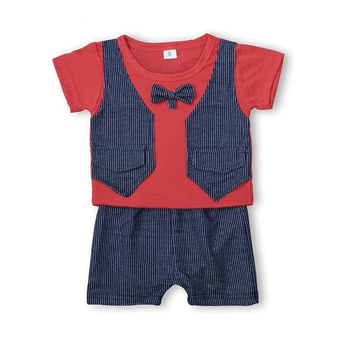 Graph Check T-shirt with Attached Waistcoat Bow tie and Shorts Little Gentleman Clothing Set for Boys