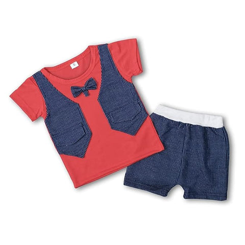 Graph Check T-shirt with Attached Waistcoat Bow tie and Shorts Little Gentleman Clothing Set for Boys