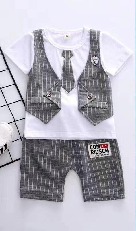 Graph Check T-shirt with Attached Waistcoat Bow tie and Shorts Little Gentleman Clothing Set for Boys