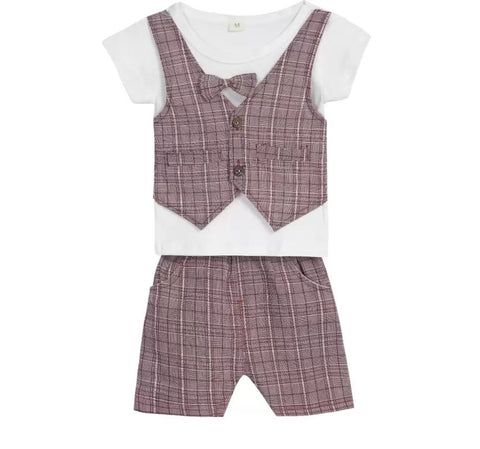 Graph Check T-shirt with Attached Waistcoat Bow tie and Shorts Little Gentleman Clothing Set for Boys