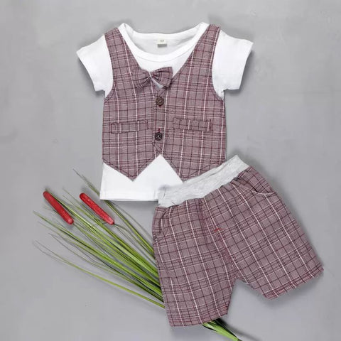 Graph Check T-shirt with Attached Waistcoat Bow tie and Shorts Little Gentleman Clothing Set for Boys