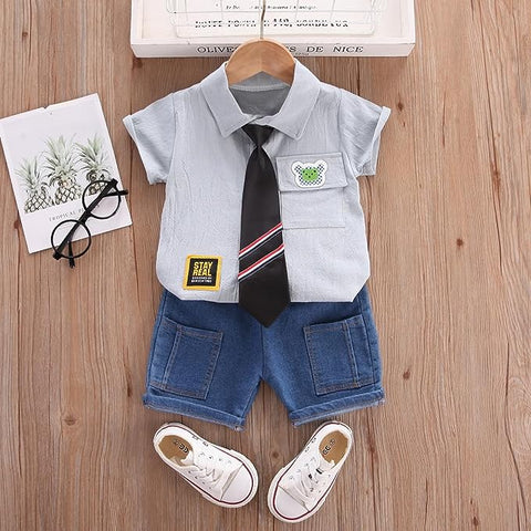 Little Gentleman Half Sleeve Summer Shirt with Tie & Shorts Party wear Smart Casual Clothing Set for Lil Boys