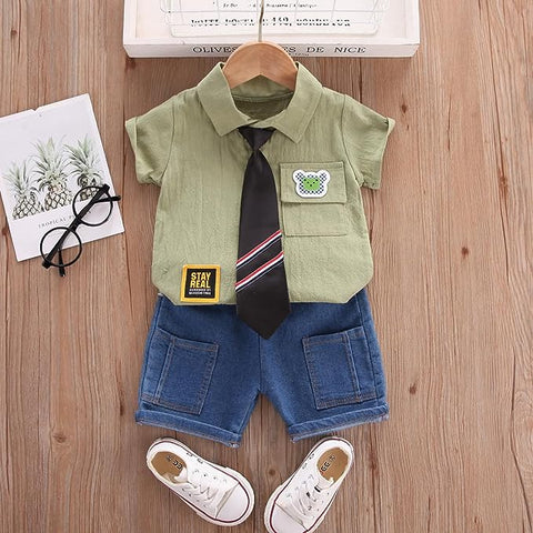 Little Gentleman Half Sleeve Summer Shirt with Tie & Shorts Party wear Smart Casual Clothing Set for Lil Boys