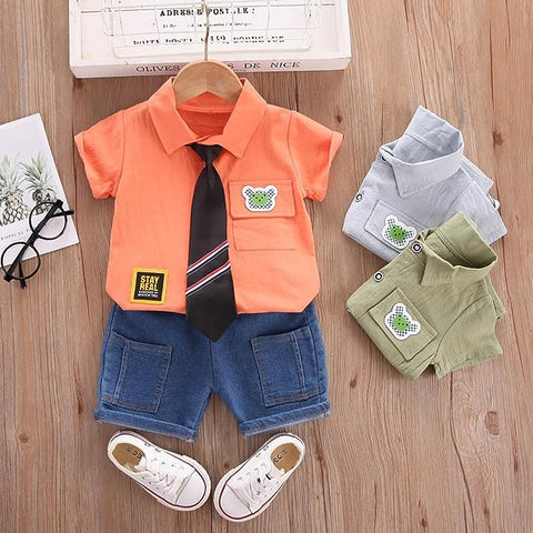 Little Gentleman Half Sleeve Summer Shirt with Tie & Shorts Party wear Smart Casual Clothing Set for Lil Boys