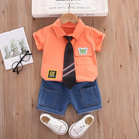 Little Gentleman Half Sleeve Summer Shirt with Tie & Shorts Party wear Smart Casual Clothing Set for Lil Boys