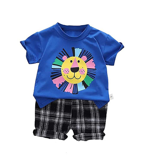 Kids Lion Print Half Sleeve T-shirt & Check Shorts Summer Casuals for Infant Toddler Boys and Girls