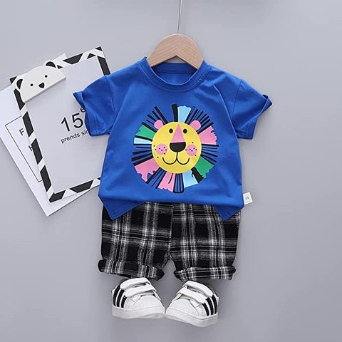 Kids Lion Print Half Sleeve T-shirt & Check Shorts Summer Casuals for Infant Toddler Boys and Girls