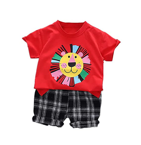 Kids Lion Print Half Sleeve T-shirt & Check Shorts Summer Casuals for Infant Toddler Boys and Girls