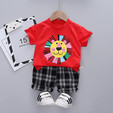 Kids Lion Print Half Sleeve T-shirt & Check Shorts Summer Casuals for Infant Toddler Boys and Girls