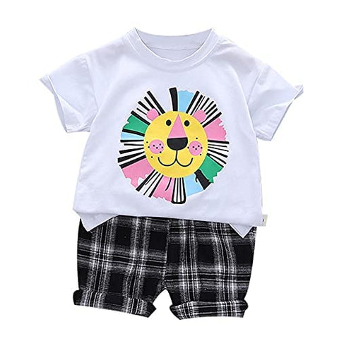 Kids Lion Print Half Sleeve T-shirt & Check Shorts Summer Casuals for Infant Toddler Boys and Girls
