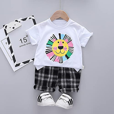 Kids Lion Print Half Sleeve T-shirt & Check Shorts Summer Casuals for Infant Toddler Boys and Girls
