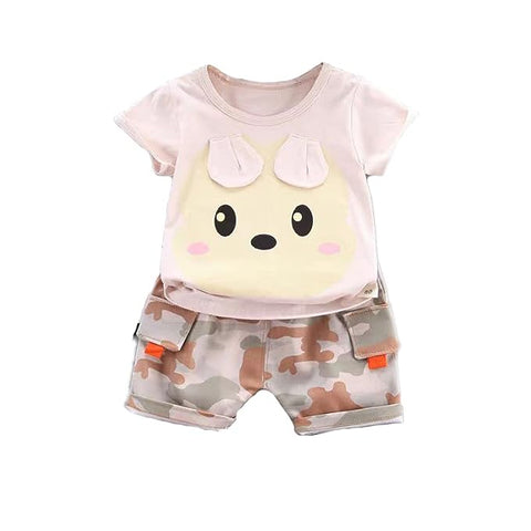 Cartoon Print T-shirt & Camo Shorts Set for Kids