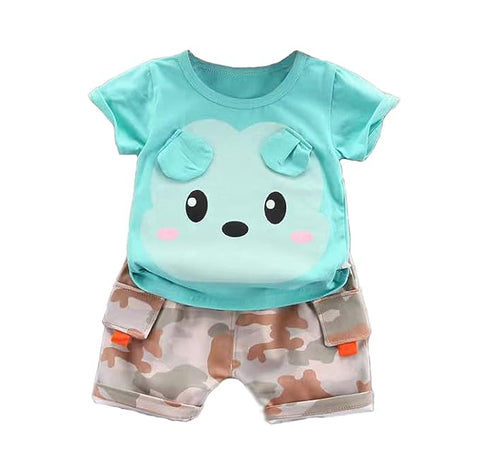 Cartoon Print T-shirt & Camo Shorts Set for Kids