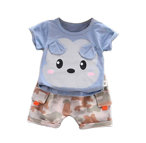 Cartoon Print T-shirt & Camo Shorts Set for Kids