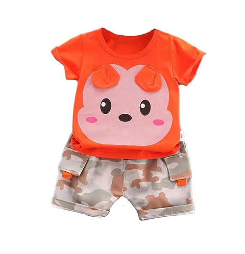 Cartoon Print T-shirt & Camo Shorts Set for Kids
