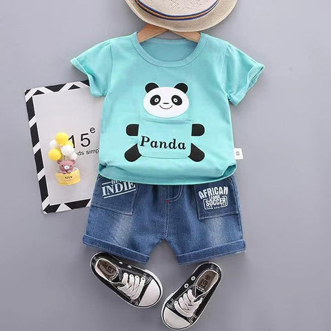 Kid's Cartoon Panda T-shirt & Denim Shorts Set