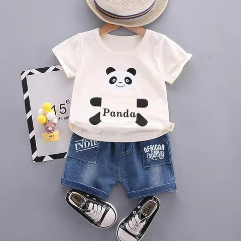 Kid's Cartoon Panda T-shirt & Denim Shorts Set