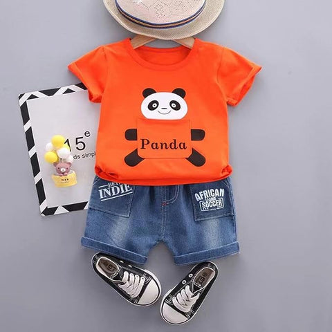 Kid's Cartoon Panda T-shirt & Denim Shorts Set