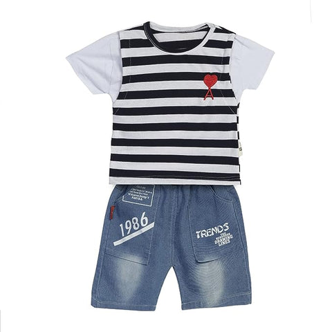 Half Sleeve Stripe T-shirt & Denim Shorts Set for Boys