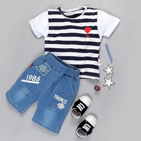 Half Sleeve Stripe T-shirt & Denim Shorts Set for Boys