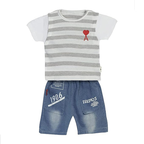 Half Sleeve Stripe T-shirt & Denim Shorts Set for Boys